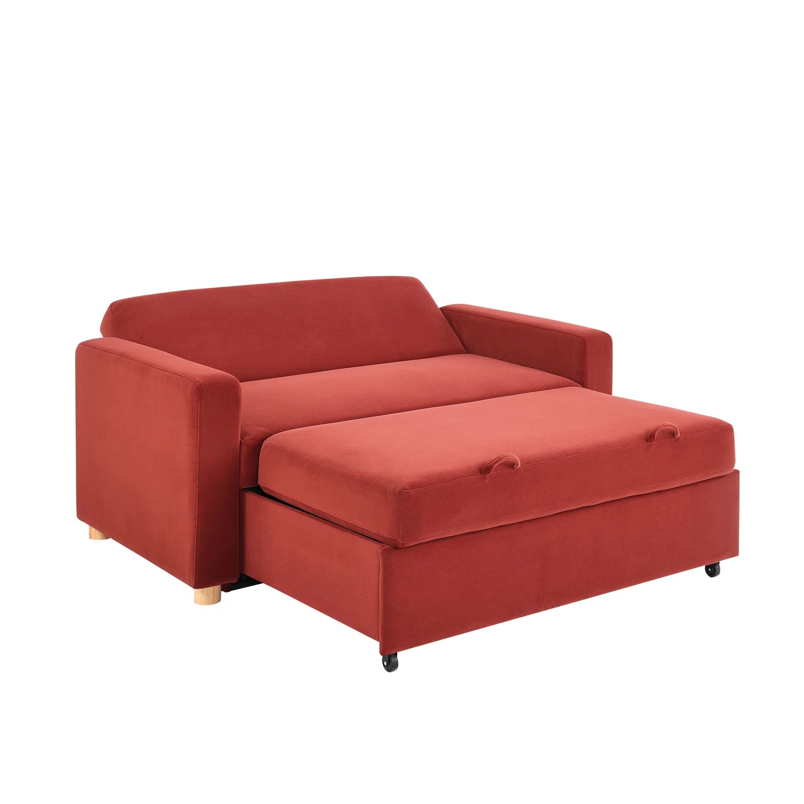 Tavo Velvet 2 Seater Pull Out Sofa Cum Bed In Ox Blood Maroon Colour