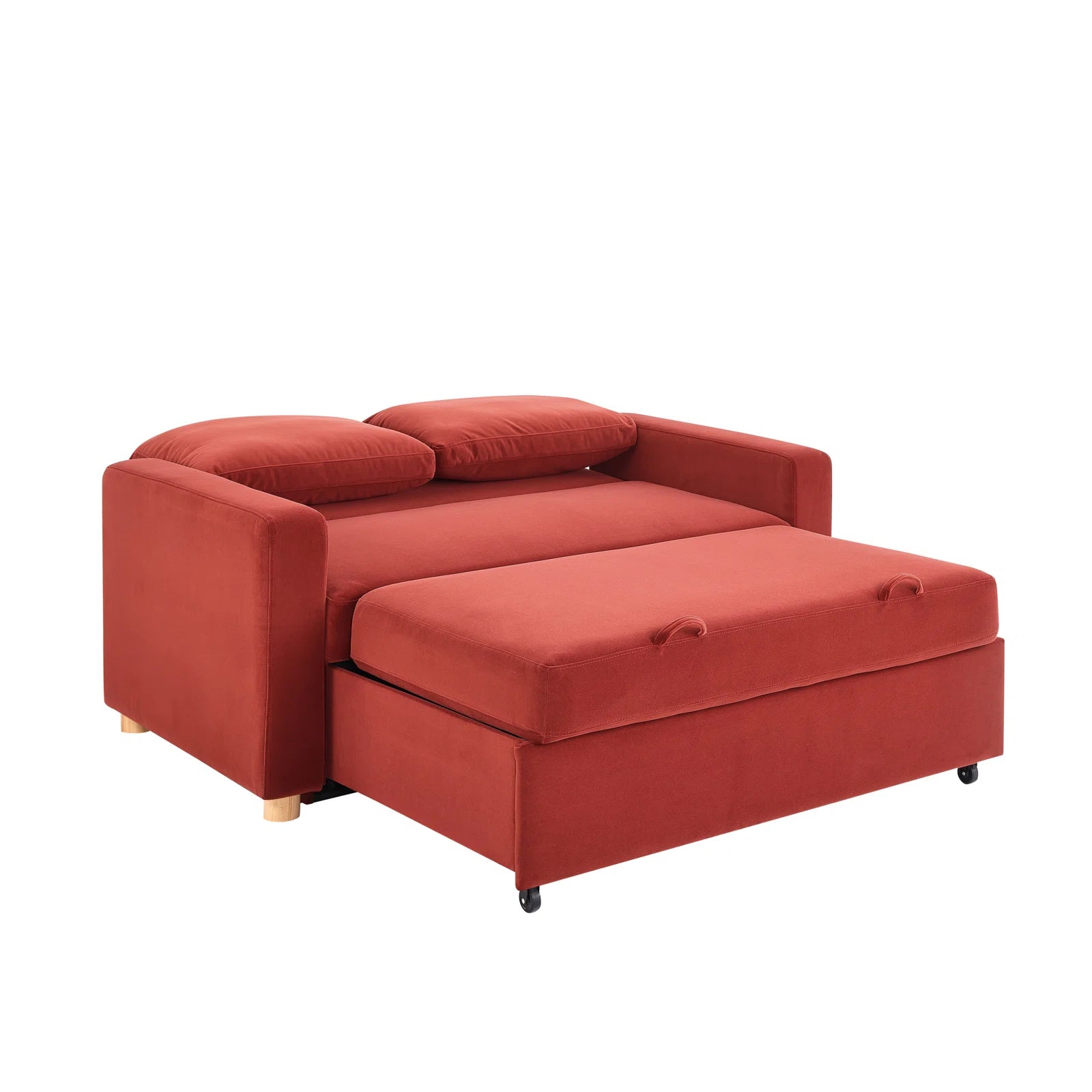 Tavo Velvet 2 Seater Pull Out Sofa Cum Bed In Ox Blood Maroon Colour