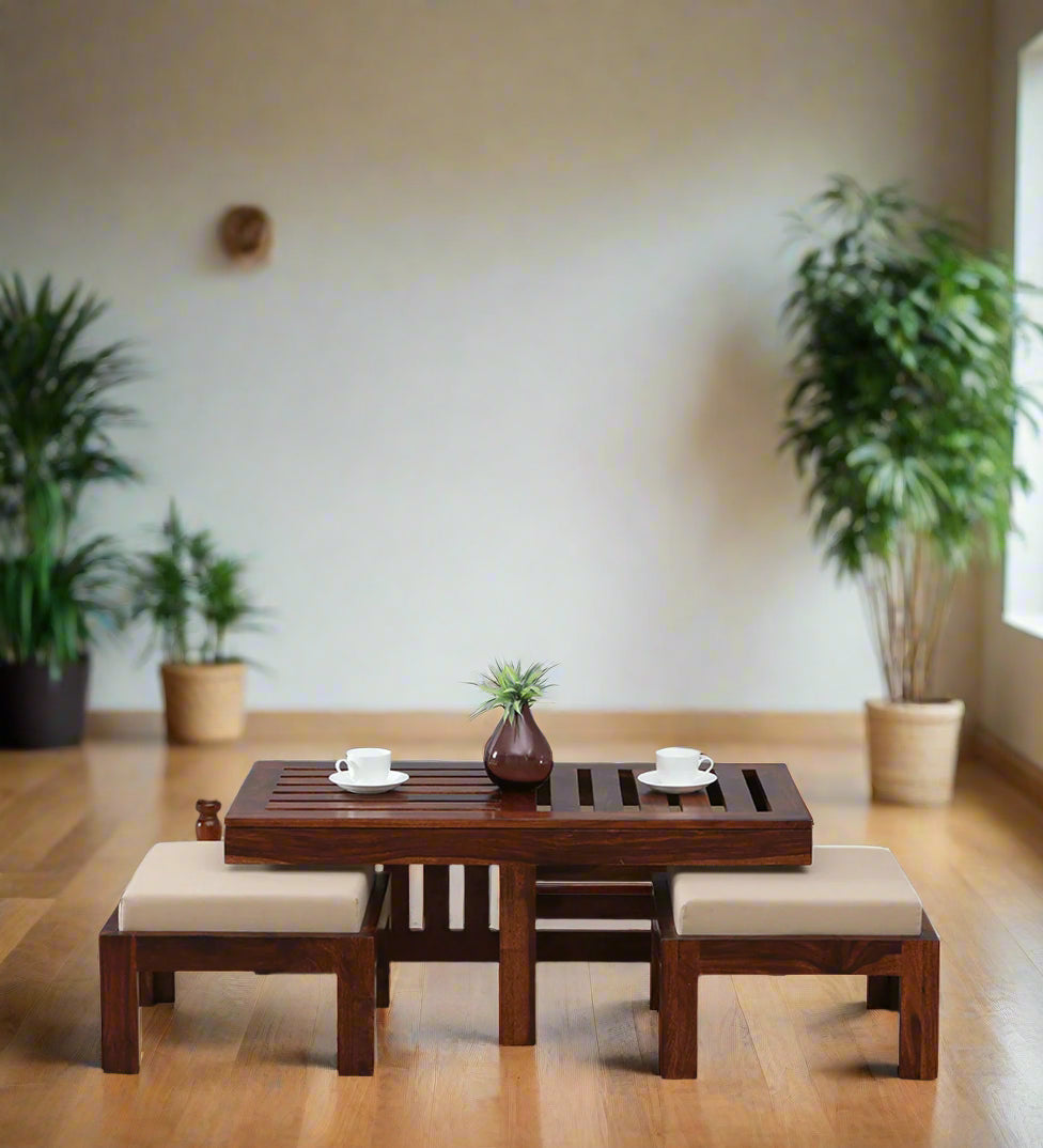 Sheffield Solid Wood Nesting Coffee Table Set in Honey Oak Finish With Cushioned Stools