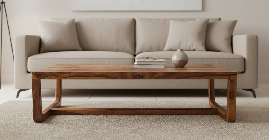 Sikri Rectangular Solid Wood Coffee Table In Teak Finish