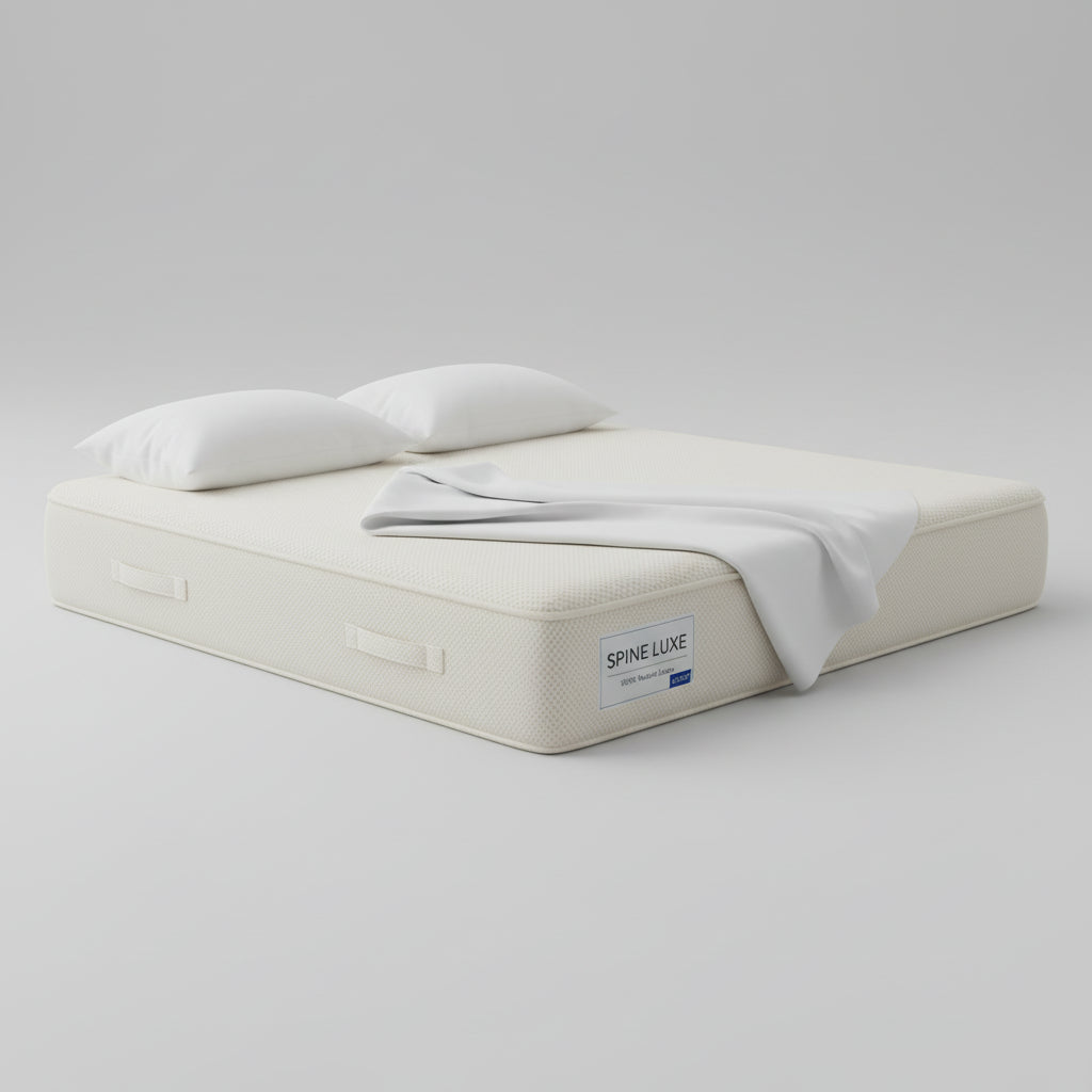 Mattress on display in a bedroom setting with wooden furniture and decor.