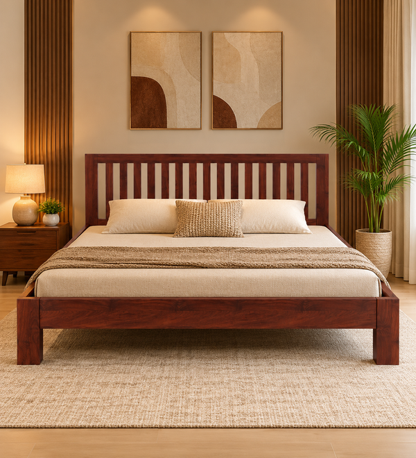 Sukka Sheesham Wood King Size Bed In Honey Oak Finish