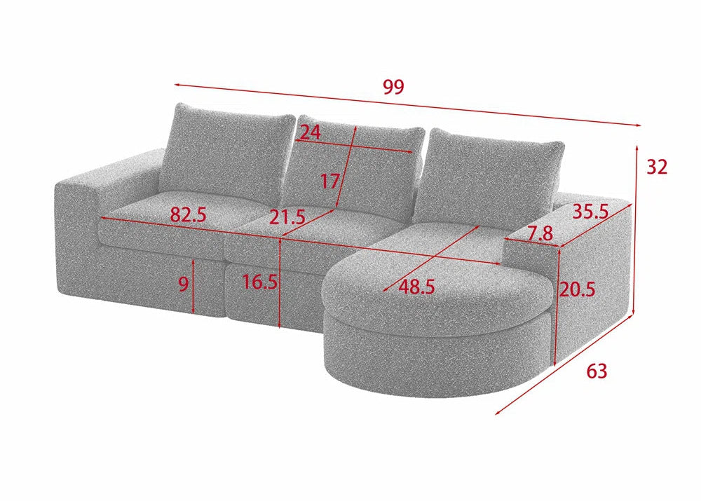 Syren Fabric LHS Sectional Sofa (2+Lounger) In Nimbus Grey Colour