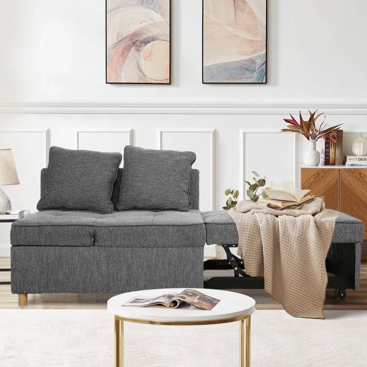 Tenso Fabric 2 Seater Pull Out Sofa Cum Bed In Charcoal Grey Colour