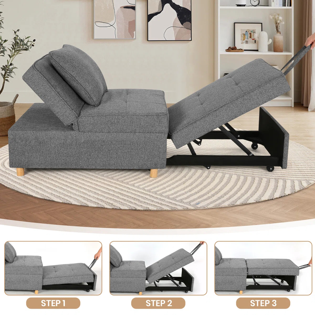 Tenso Fabric 2 Seater Pull Out Sofa Cum Bed In Charcoal Grey Colour