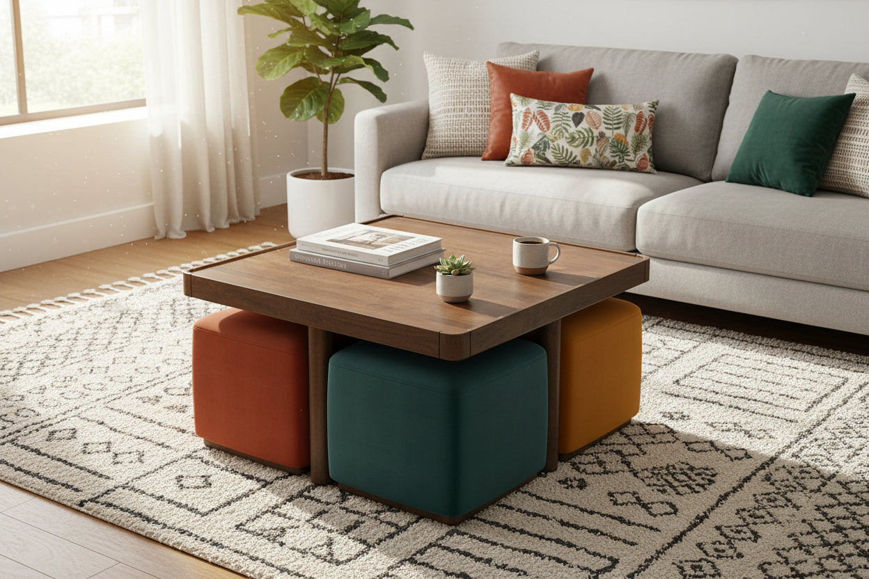 Tera Coffee Table Set In Natural Finish With Multi Cushioned Stools