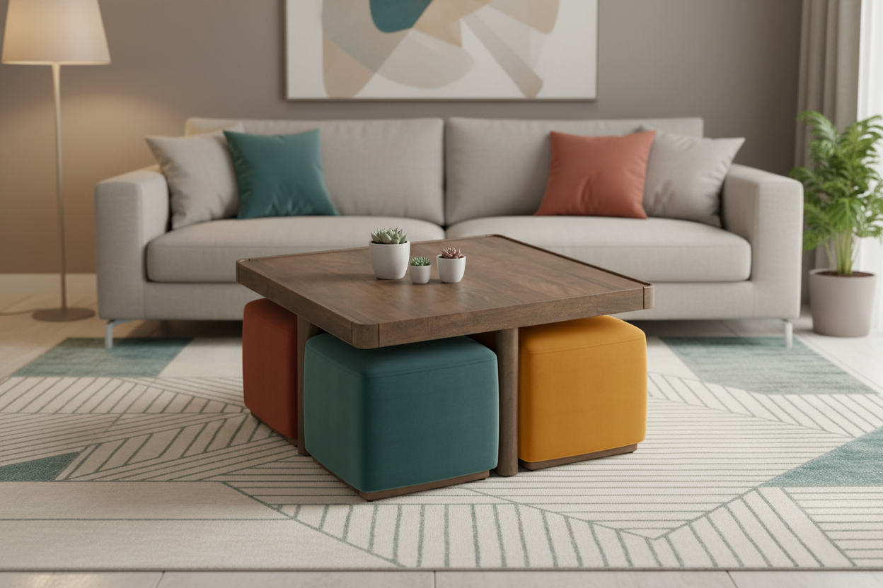 Tera Coffee Table Set In Natural Finish With Multi Cushioned Stools