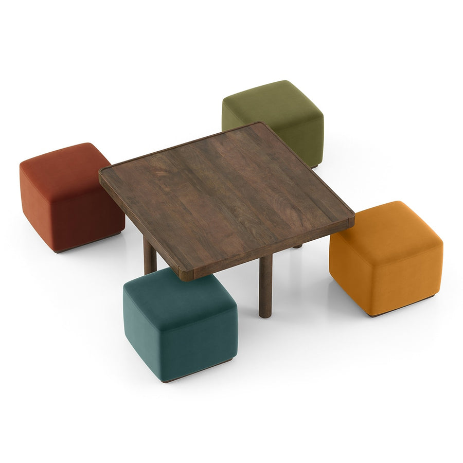 Tera Coffee Table Set In Natural Finish With Multi Cushioned Stools