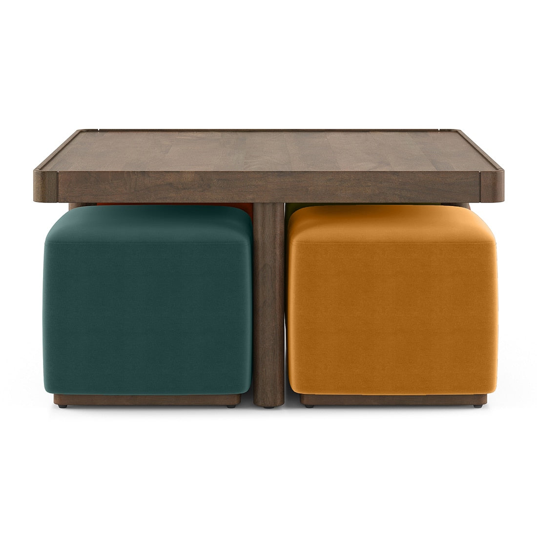 Tera Coffee Table Set In Natural Finish With Multi Cushioned Stools