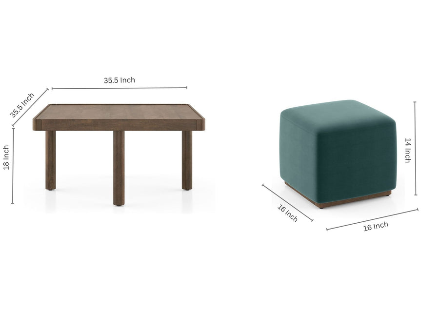 Tera Coffee Table Set In Natural Finish With Multi Cushioned Stools