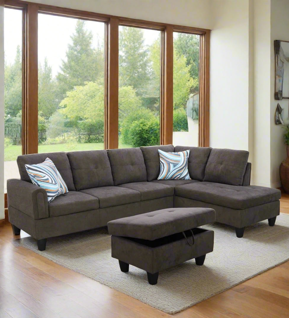 Tersa Velvet LHS Sectional Sofa (3+Lounger) In Davy Grey Colour With Storage Ottoman