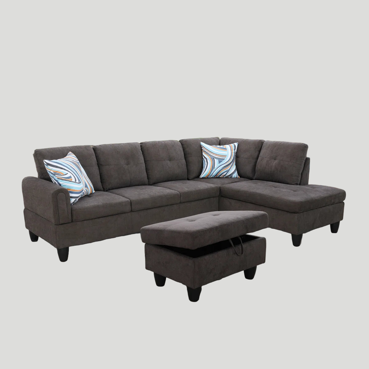 Tersa Velvet LHS Sectional Sofa (3+Lounger) In Davy Grey Colour With Storage Ottoman