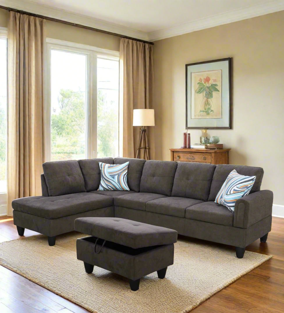 Tersa Velvet RHS Sectional Sofa (3+Lounger) In Davy Grey Colour With Storage Ottoman