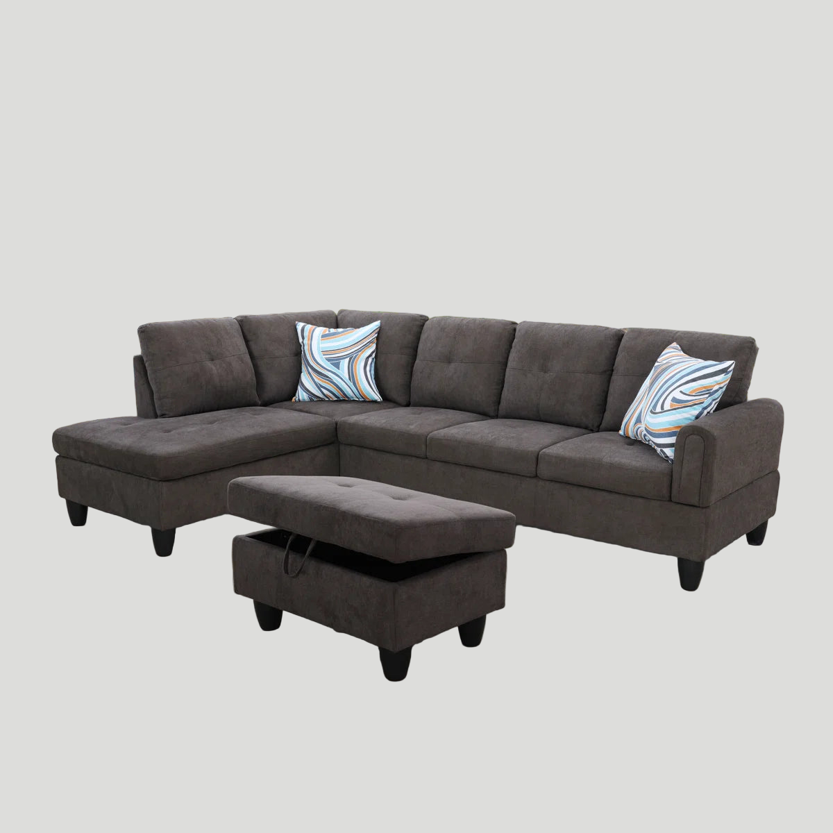 Tersa Velvet RHS Sectional Sofa (3+Lounger) In Davy Grey Colour With Storage Ottoman