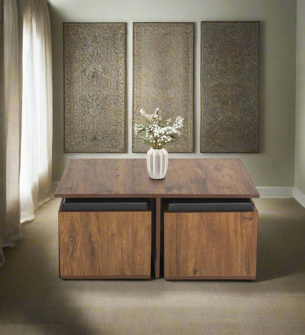 Tory Nesting Coffee Table Set In Classic Walnut Finish With Storage And Cushioned Stools