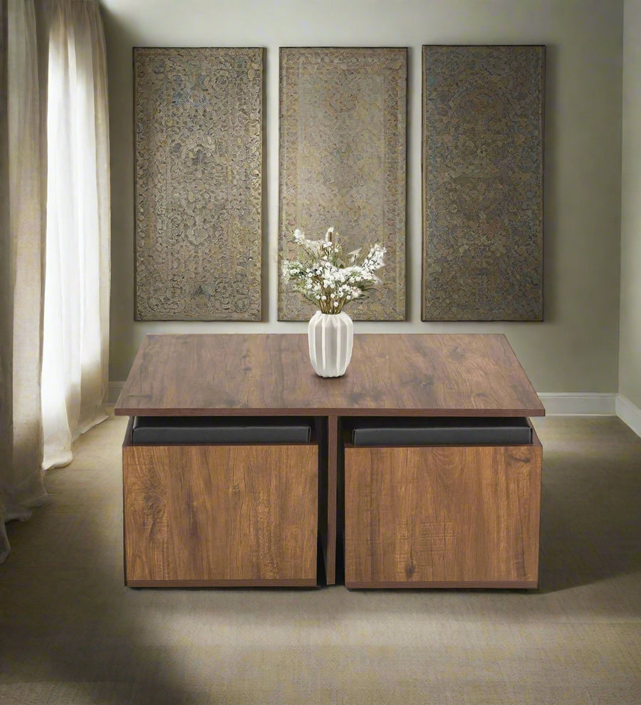 Tory Nesting Coffee Table Set In Classic Walnut Finish With Storage And Cushioned Stools