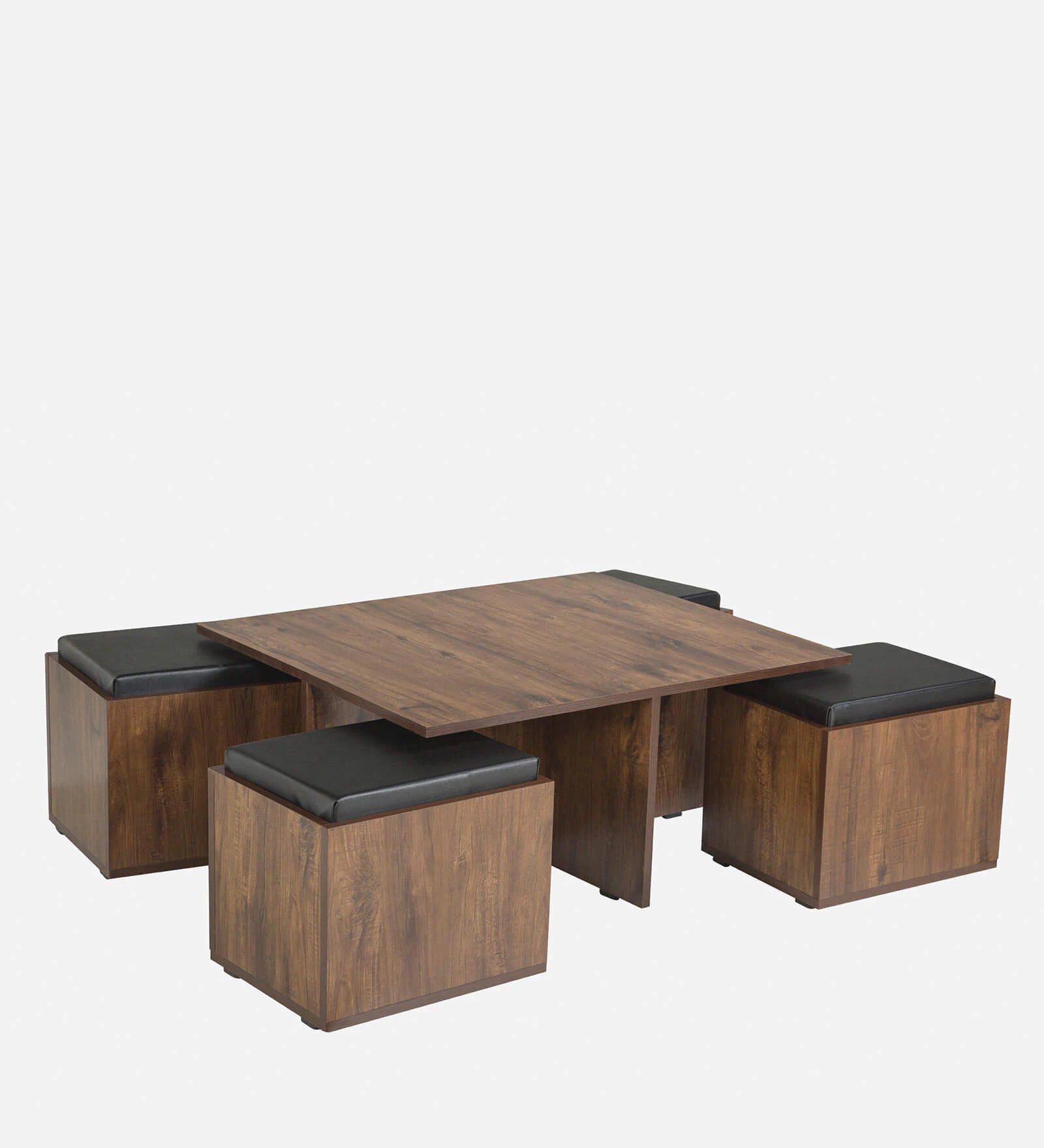 Tory Nesting Coffee Table Set In Classic Walnut Finish With Storage And Cushioned Stools