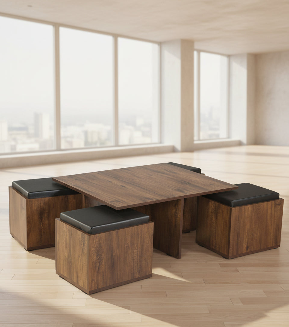Tory Nesting Coffee Table Set In Classic Walnut Finish With Storage And Cushioned Stools