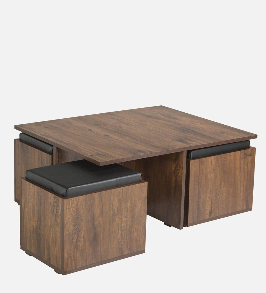 Tory Nesting Coffee Table Set In Classic Walnut Finish With Storage And Cushioned Stools