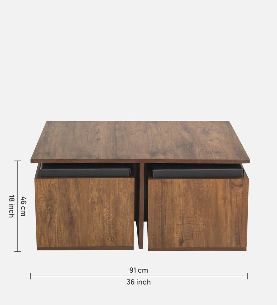 Tory Nesting Coffee Table Set In Classic Walnut Finish With Storage And Cushioned Stools