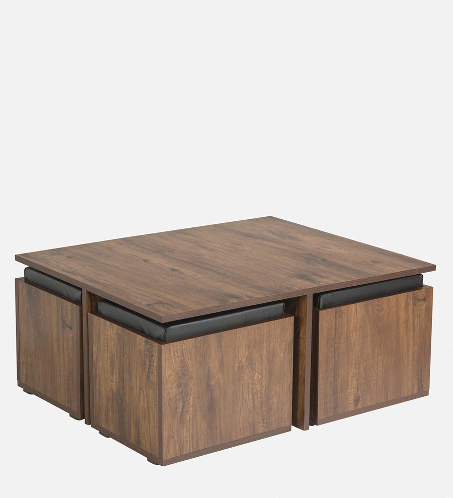 Tory Nesting Coffee Table Set In Classic Walnut Finish With Storage And Cushioned Stools
