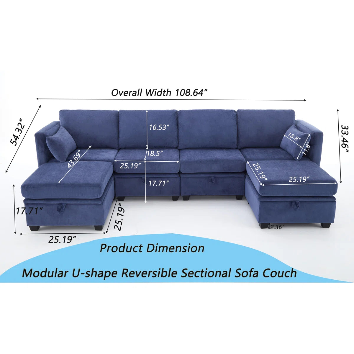 Vintel Fabric 6 Seater Modular Sectional Sofa With Reversible Ottomans In Royal Blue Colour