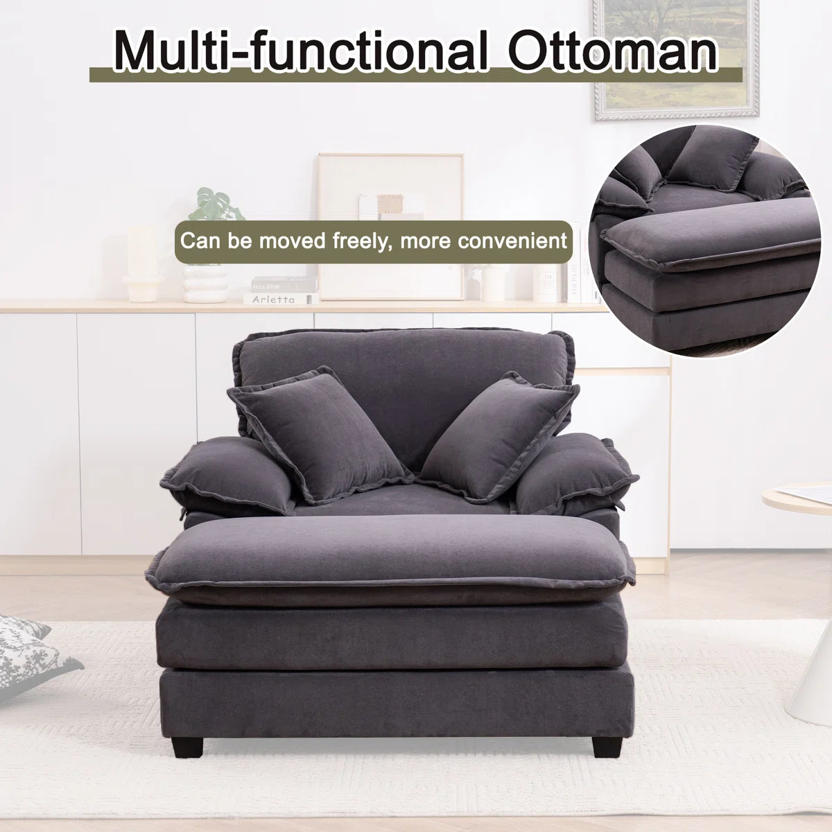 Trevia Fabric Wide Barrel Chair With Ottoman In Charcoal Grey Colour