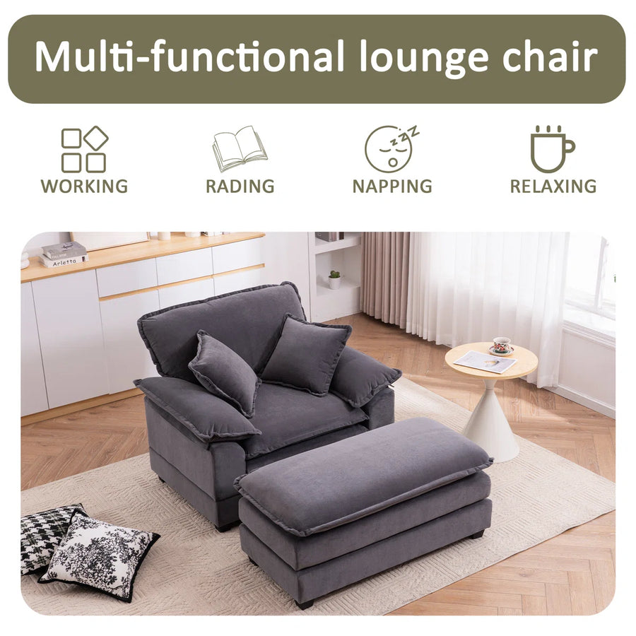 Trevia Fabric Wide Barrel Chair With Ottoman In Charcoal Grey Colour - Febonic Living