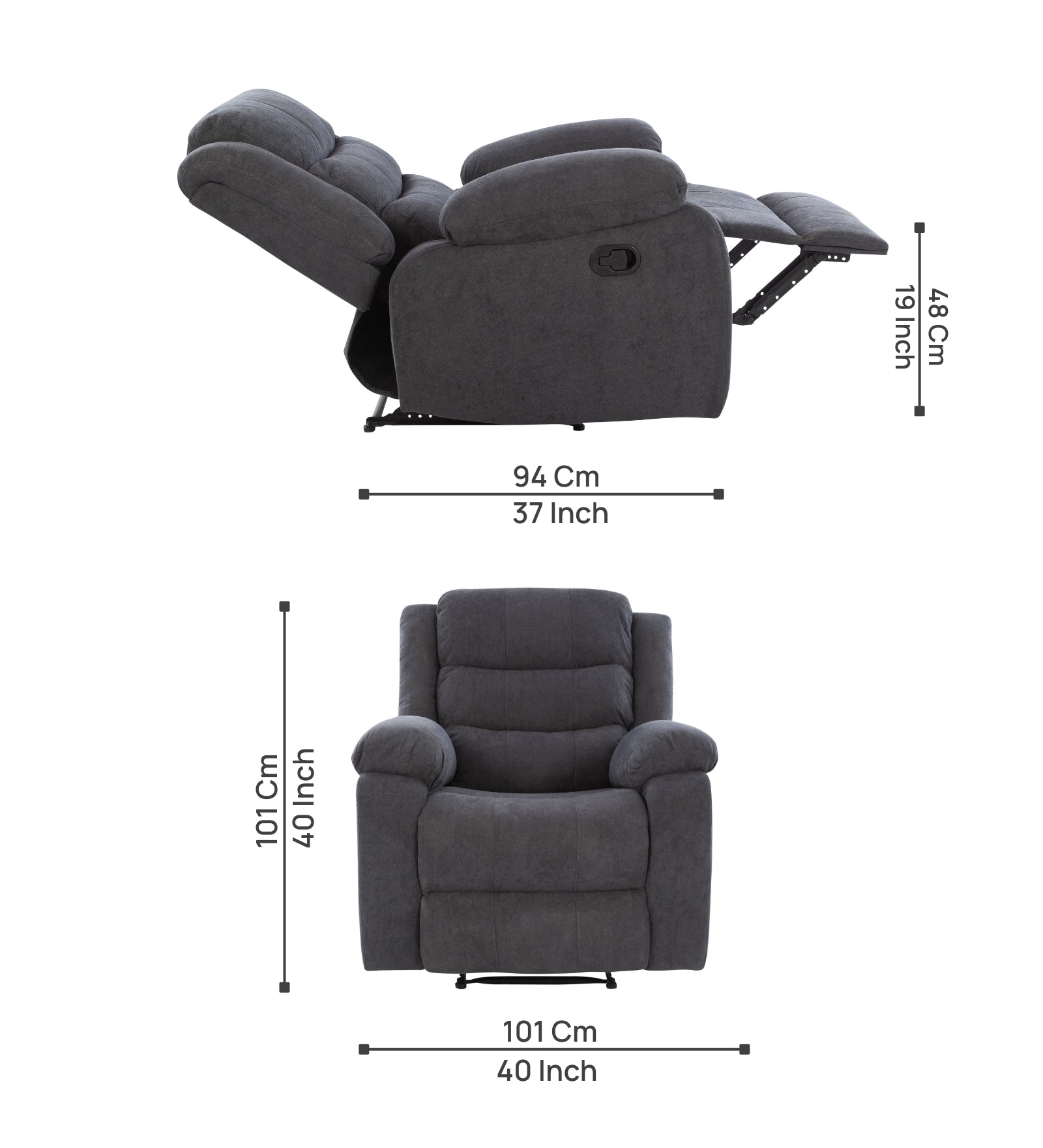 Turin 1 Seater Motorized Velvet Recliner - Davy Grey - Dimensions by Febonic Living
