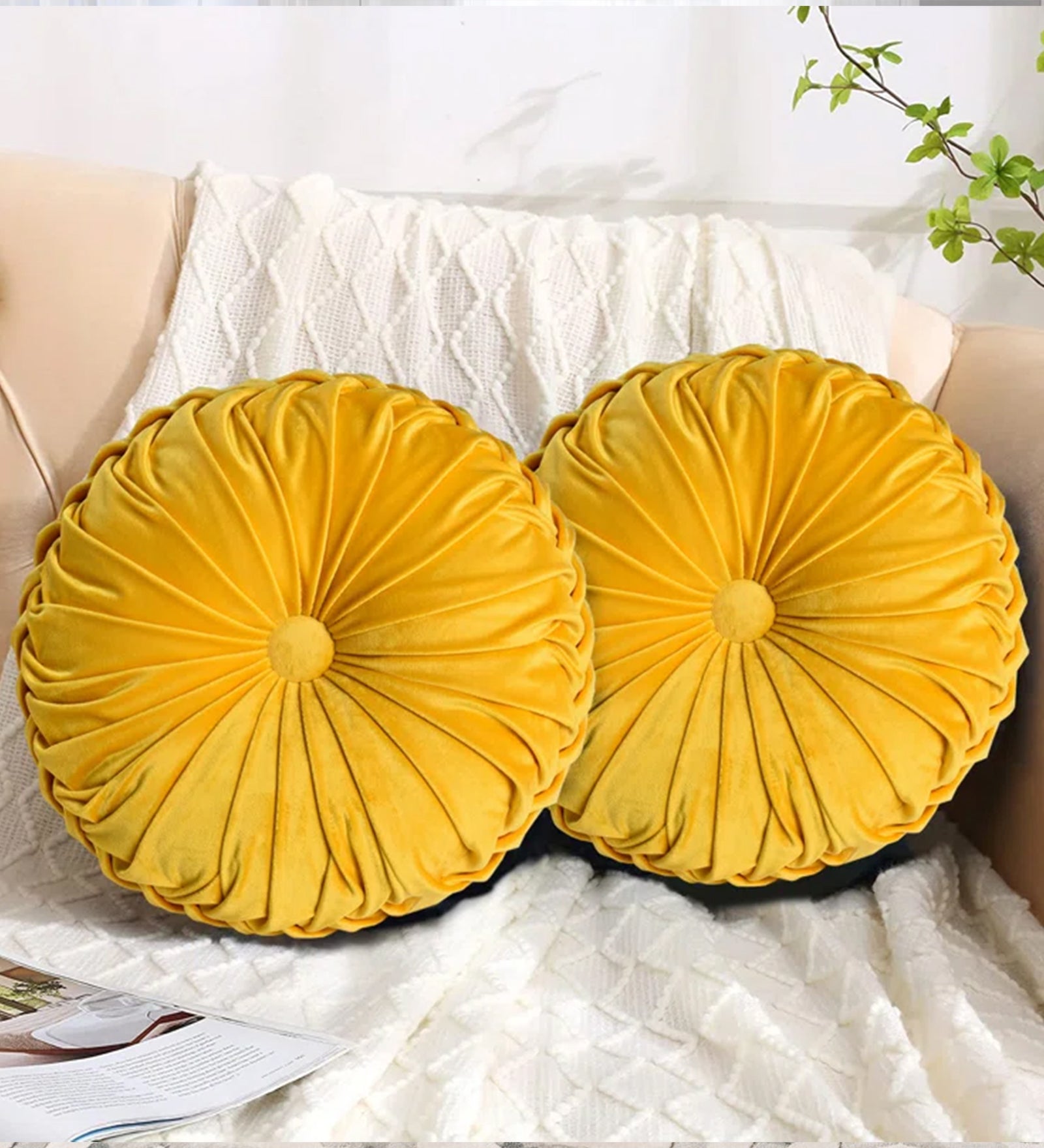 Taka Velvet Decorative Round Pleated Throw Pillows (Pack of 2) In Turmeric Yellow Colour
