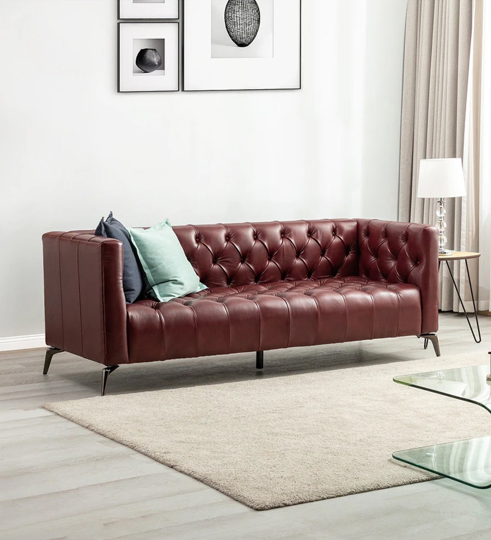 Nestor Leatherette 3 Seater Sofa In Wine Brown Colour