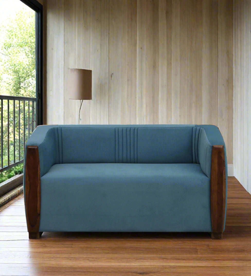 Jisma Sheesham Wood 2 Seater Sofa In Blue Colour - Febonic Living