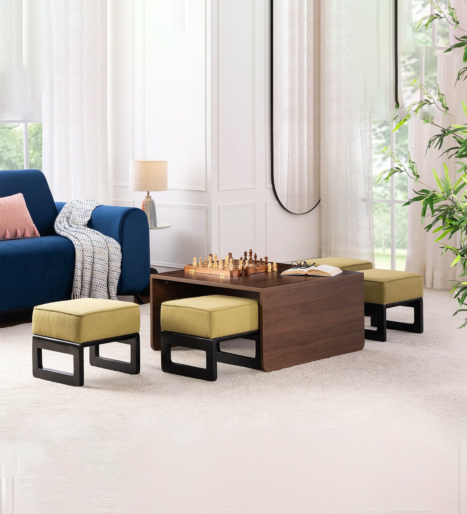 Cuto Nesting Table Set In Yellow Colour With Oral Wallnut Finish