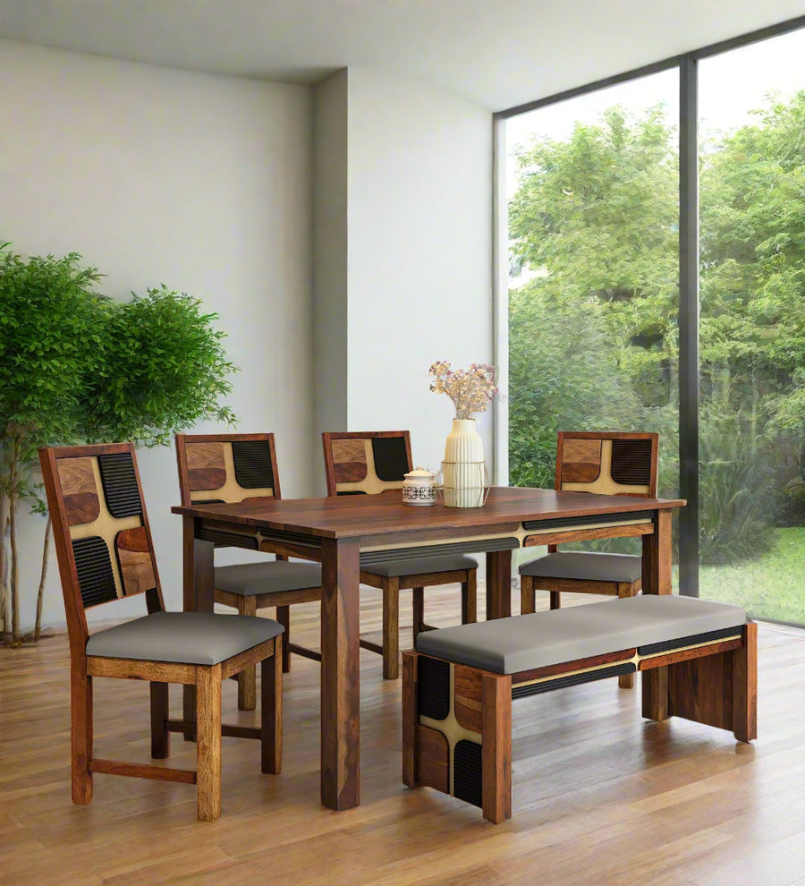 Rook Sheesham Wood 6 Seater Dining Set In Scratch Resistant Provincial Teak Finish With Bench - Febonic Living