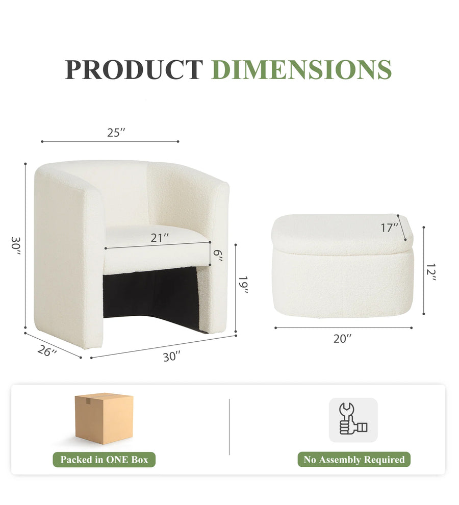 Azma Boucle Barrel Chair With Storage Ottoman In Shell White Colour - Febonic Living