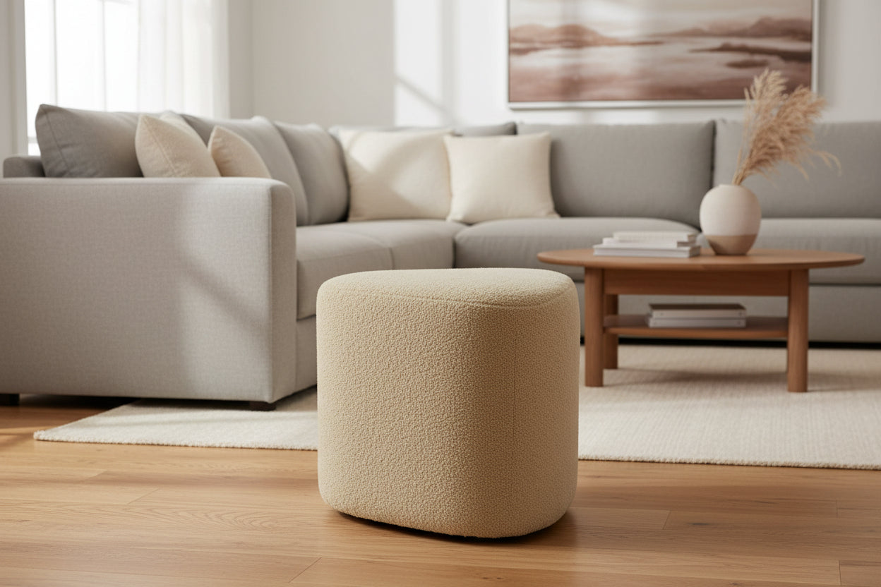 Veeba Boucle Fabric Pouffe In Mushroom Beige Colour