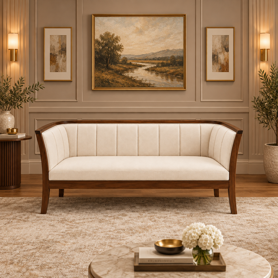 Veera Sheesham Wood 3 Seater Sofa In Beige
