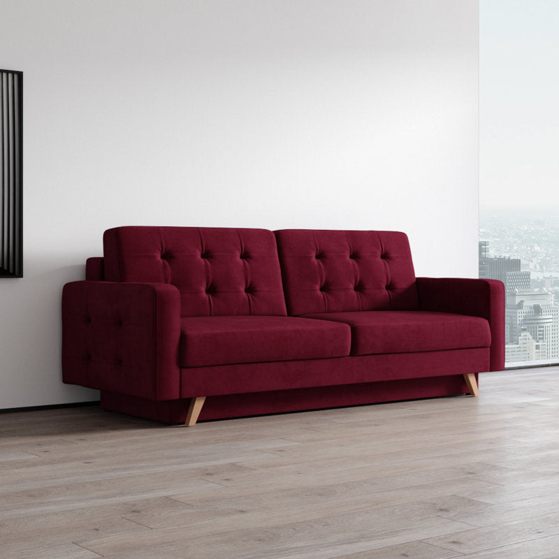 Hursty Velvet 3 Seater Pull Out Sofa Cum Bed In Cherry Red Colour - Febonic Living