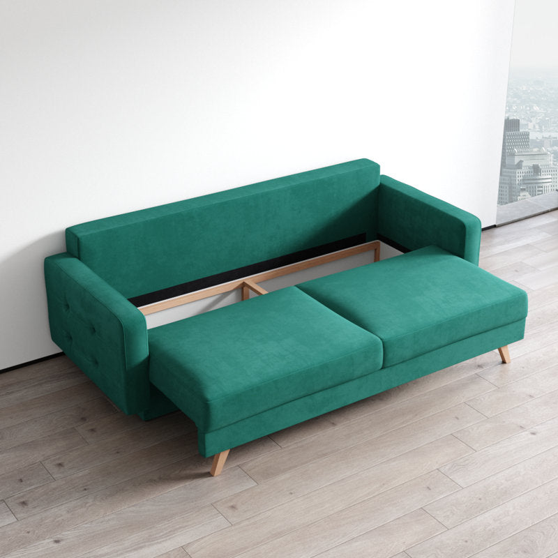 Hursty Velvet 3 Seater Pull Out Sofa Cum Bed In Pine Green Colour