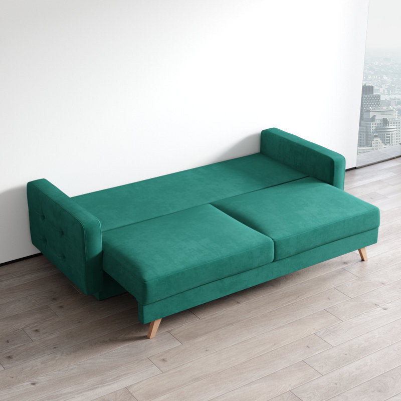 Hursty Velvet 3 Seater Pull Out Sofa Cum Bed In Pine Green Colour