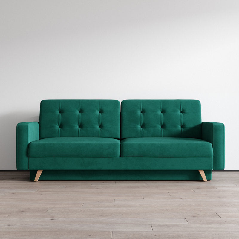 Hursty Velvet 3 Seater Pull Out Sofa Cum Bed In Pine Green Colour