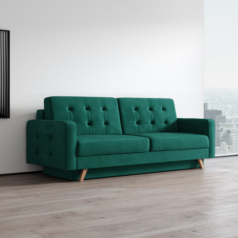 Hursty Velvet 3 Seater Pull Out Sofa Cum Bed In Pine Green Colour