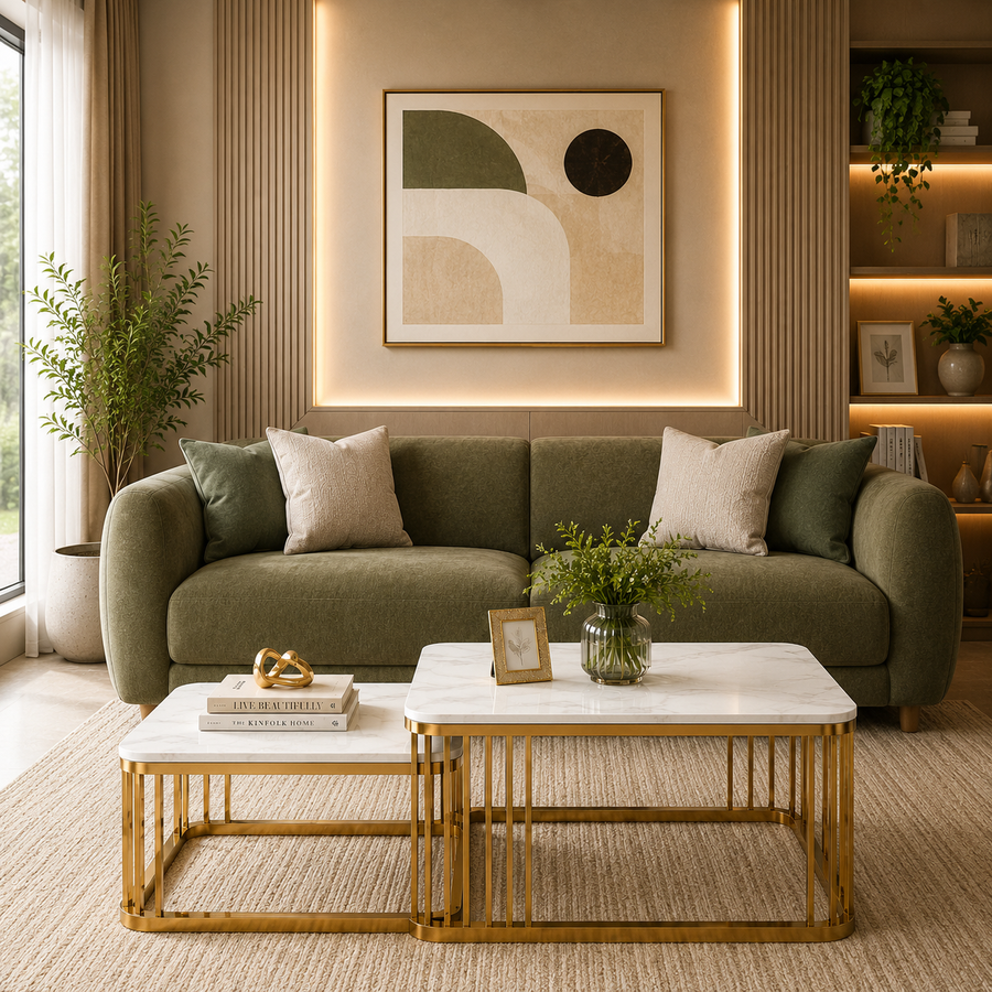 Velmora Metal Coffee Table In Gold Finish With Marble Top - Living View by Febonic Living