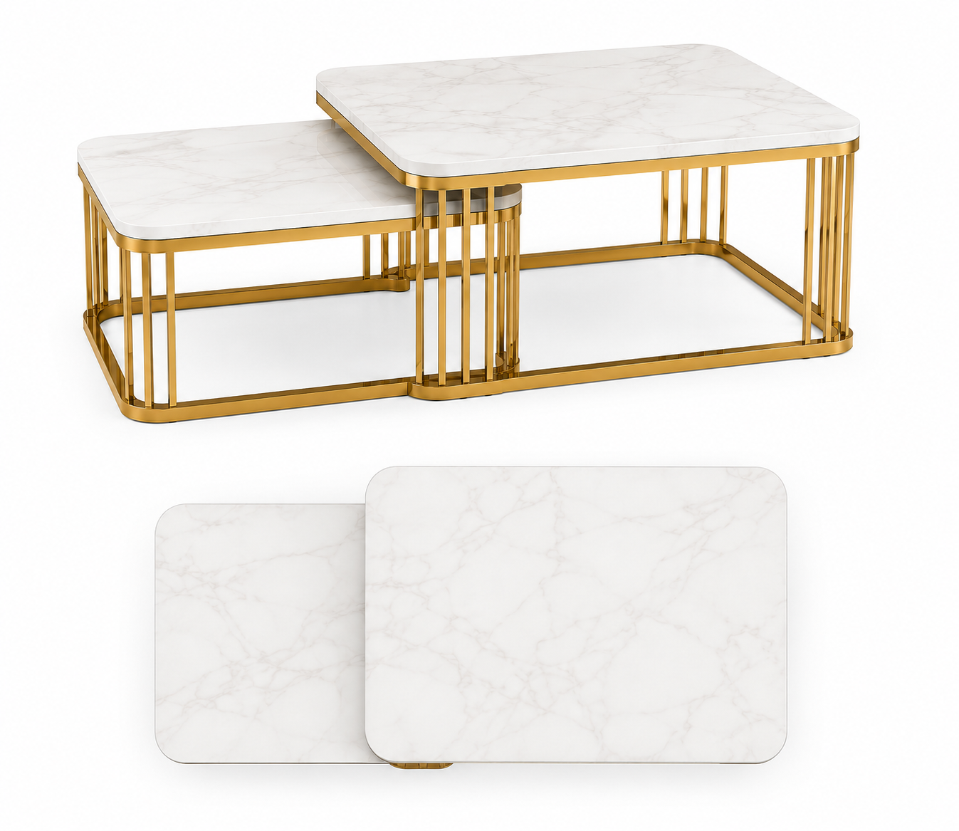 Velmora Metal Coffee Table In Gold Finish With Marble Top - Front View by Febonic Living