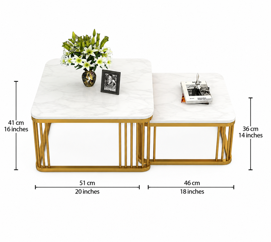 Velmora Metal Coffee Table In Gold Finish With Marble Top - Dimensions by Febonic Living
