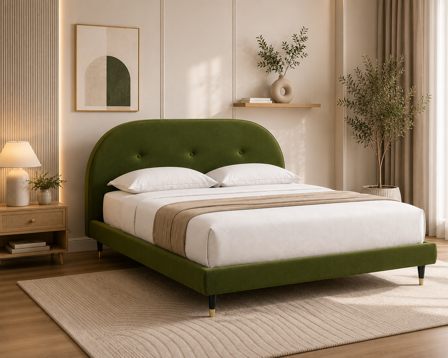 Velora Upholstered Velvet Kids Bed Without Storage - Olive Green - Bedroom View by Febonic Living