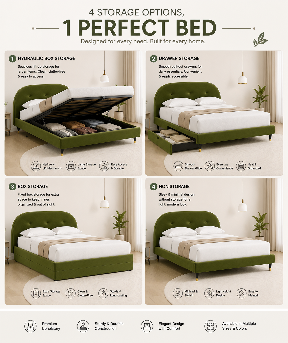 Velora Upholstered Velvet Queen Size Bed With Storage - Olive Green - Storage Option by Febonic Living