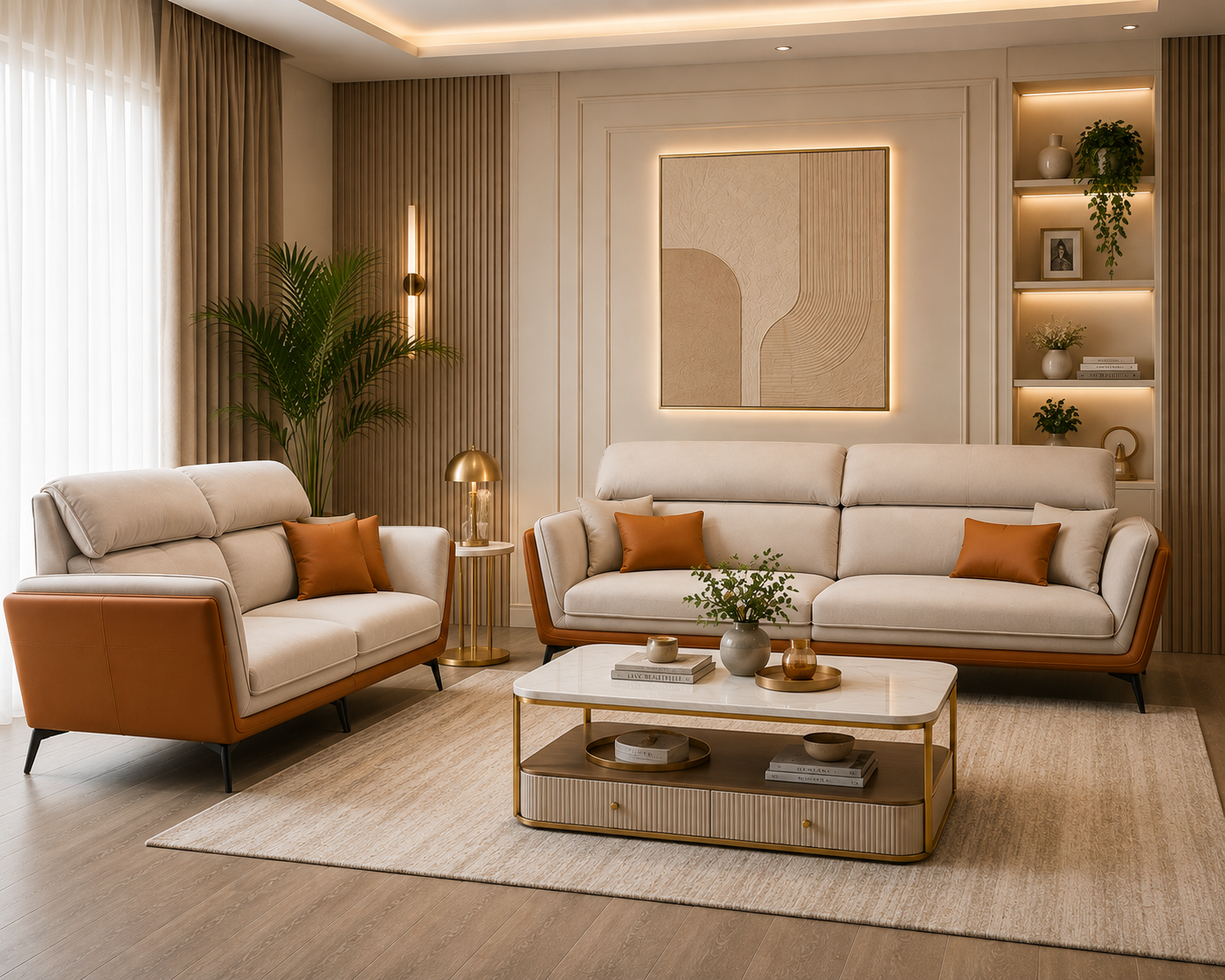 Veylora 3 Seater Leatherette Sofa - Cream & Cognac - Living View by Febonic Living