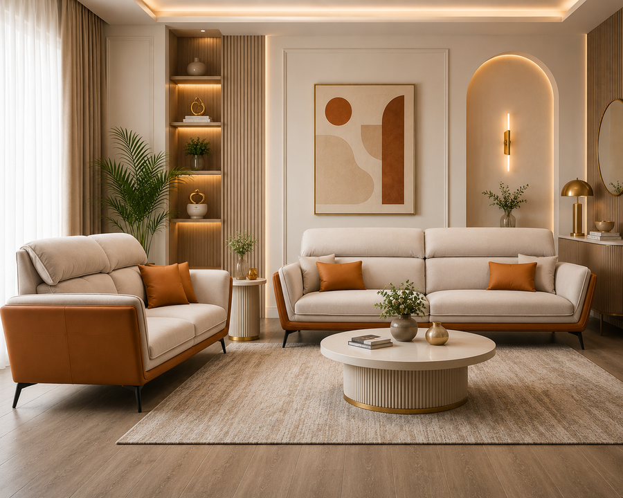 Veylora 3 Seater Leatherette Sofa - Cream & Cognac - Living View 1 by Febonic Living