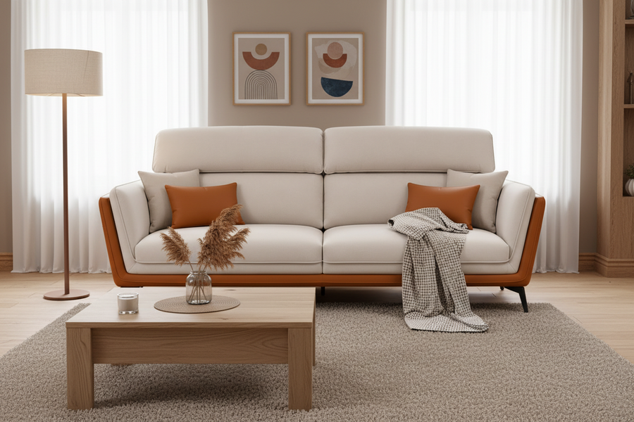 Veylora 3 Seater Leatherette Sofa - Cream & Cognac